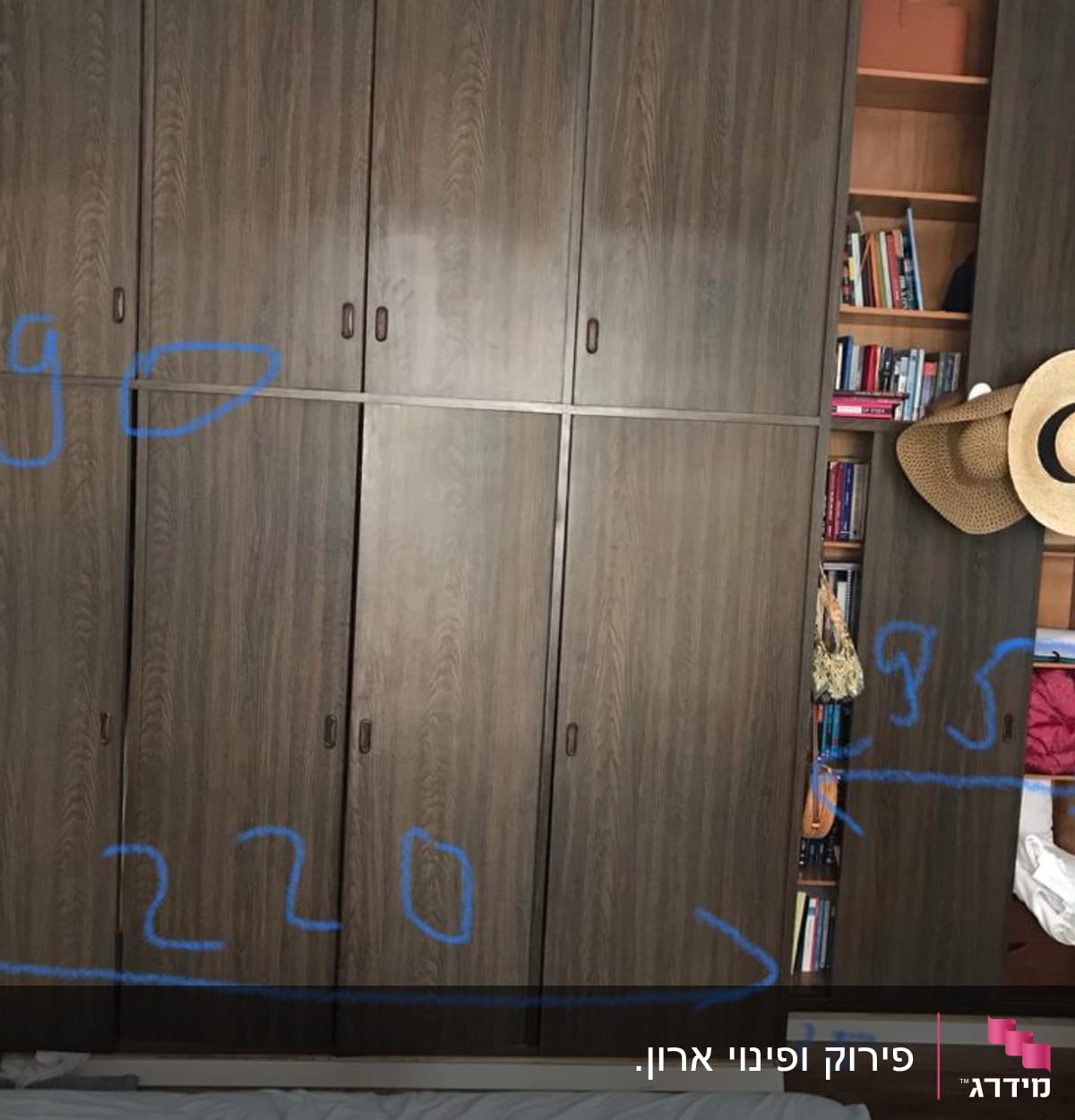 ארון עץ עם מדפים ודלתות סגורות